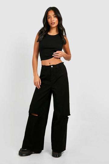 Petite Low Rise Washed Wide Leg Jean washed black