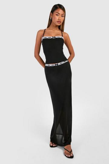 Black Lace Trim Mesh Maxi Skirt
