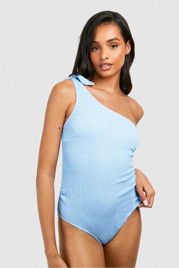 Tall Crinkle One Shoulder Tie Detail Swimsuit baby blue