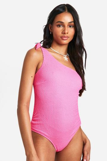 Tall Crinkle One Shoulder Tie Detail Swimsuit pink