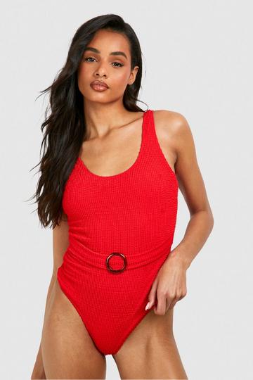 Tall Crinkle Scoop Belted Swimsuit red