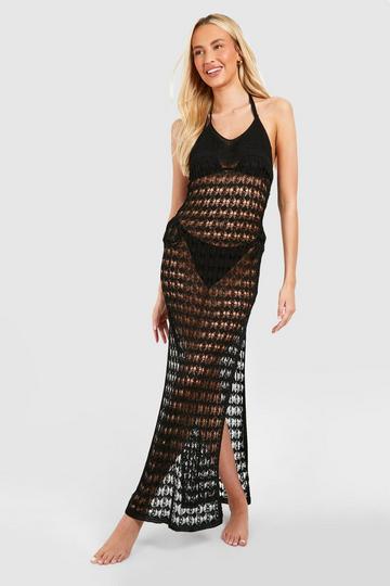 Tall Crochet Knitted Halterneck Beach Midaxi Dress black