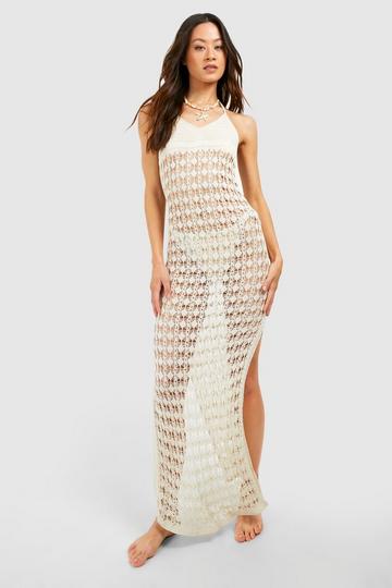 Stone Beige Tall Crochet Knitted Strappy Beach Maxi Dress