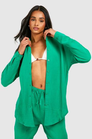 Tall Crinkle Cotton Oversized Beach Shirt green