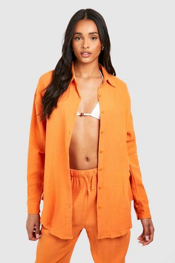 Tall Crinkle Cotton Oversized Beach Shirt orange