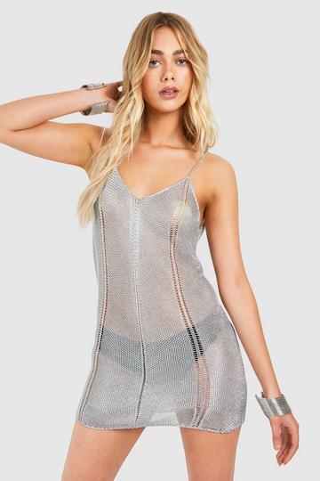 Silver Metallic Knit Mini Dress