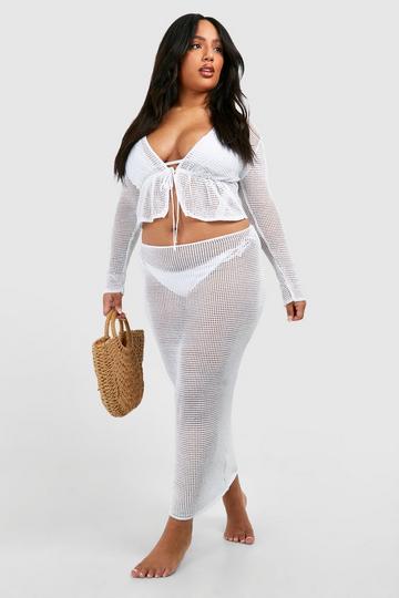 Plus Long Sleeve Tie Top And Skirt Beach Co-ord white