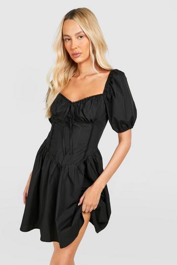 Tall Woven Puff Sleeve Milkmaid Mini Dress black