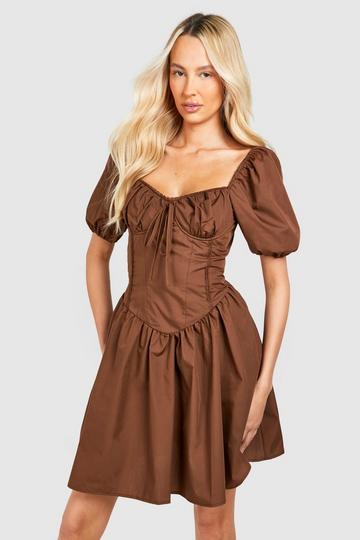 Chocolate Brown Tall Woven Puff Sleeve Milkmaid Mini Dress
