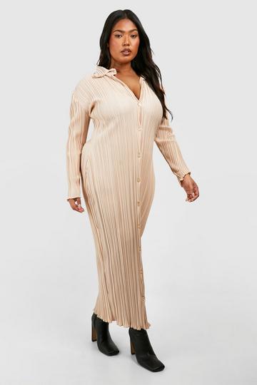 Champagne Beige Plus Wide Plisse Midaxi Shirt Dress