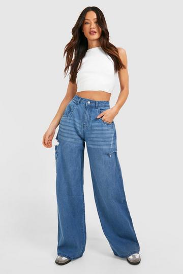 Tall Blue Washed Side Rip Wide Leg Jeans mid blue