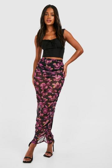 Black Ruched Mesh Floral Printed Maxi Skirt