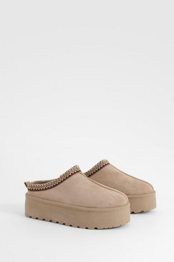 Embroidered Platform Cosy Mules mocha