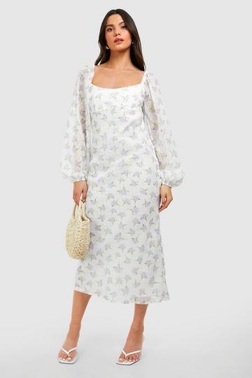 Dobby Floral Puff Sleeve Midaxi Dress white