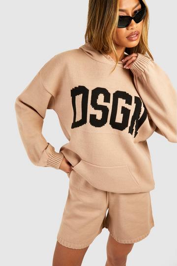 Stone Beige Dsgn Overiszed Hoody And Shorts Knitted Set