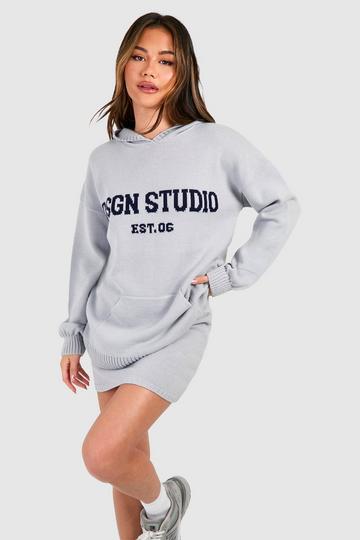 Grey Dsgn Studio Oversized Hoody And Mini Skirt Knitted Set