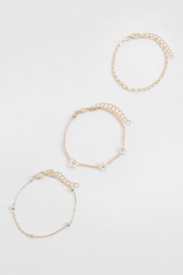 Gold Metallic Delicate Beaded Floral 3 Pack Bracelets