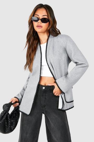 Grey Contrast Blanket Stitch Belted Wool Look Coat