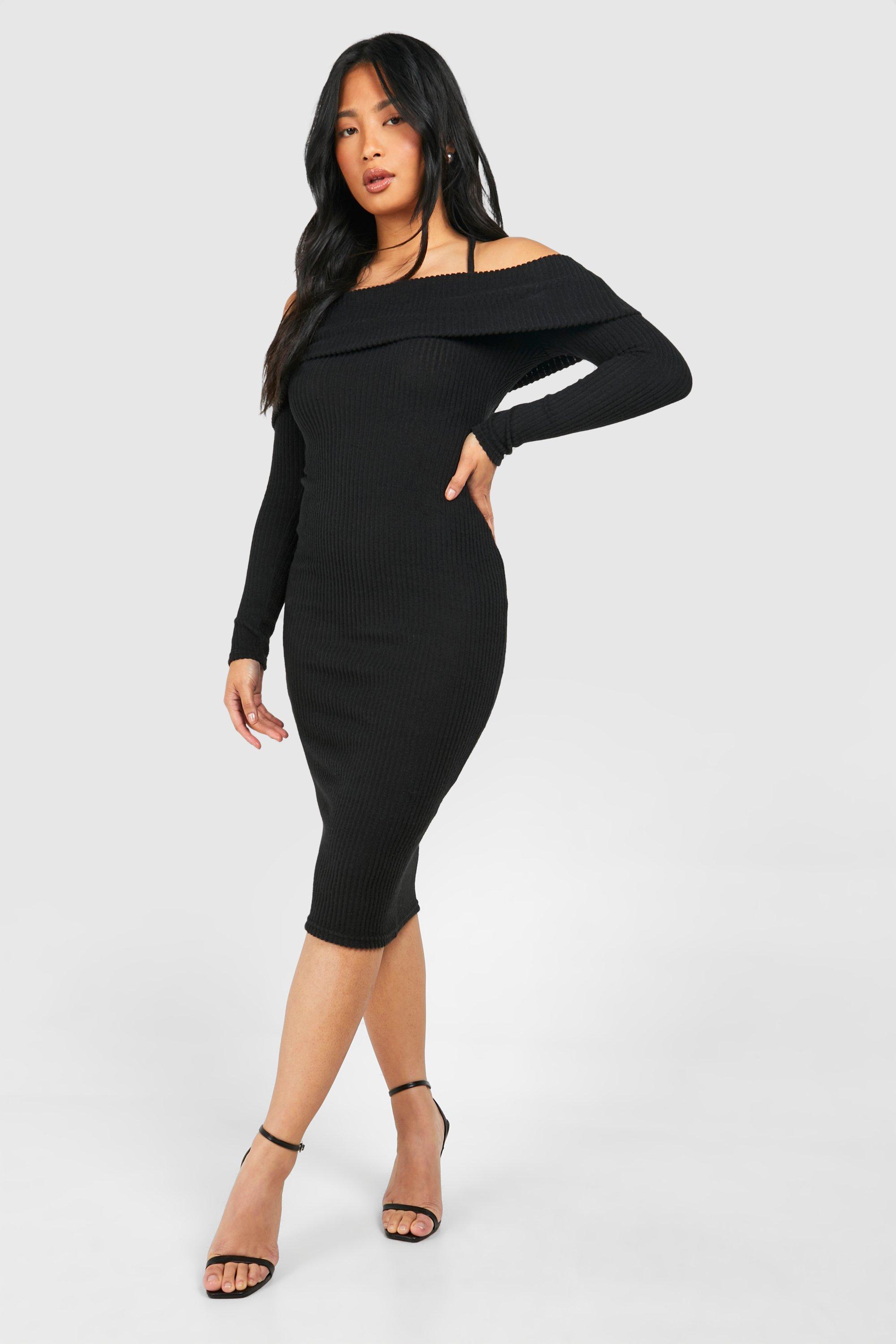 Boohoo petite bardot wrap bodycon midi discount dress in black