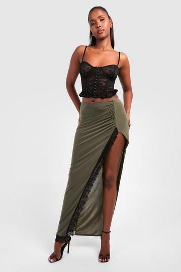 Khaki Slinky Lace Trim Maxi Skirt