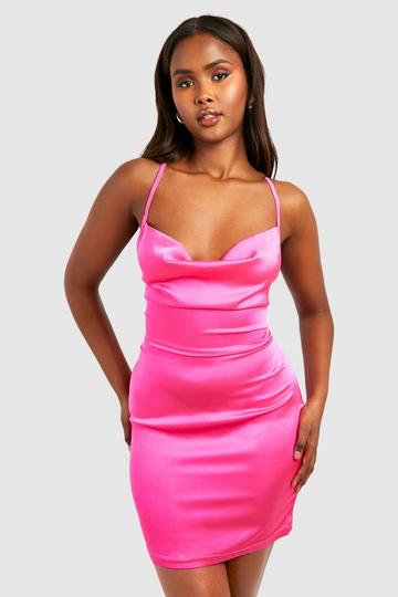 Satin Cowl Neck Lace Back Mini Dress hot pink