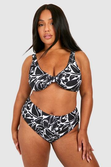 Plus Abstract Tie Front High Waisted Bikini black
