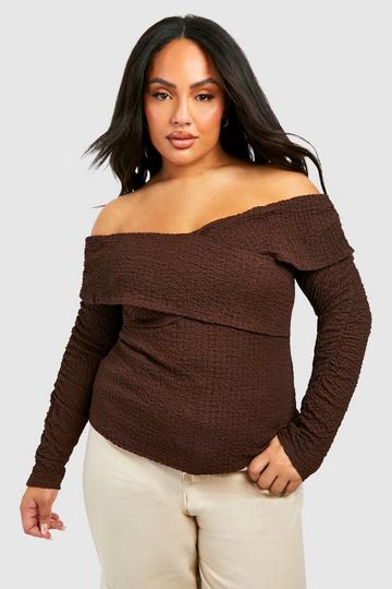 Plus Textured Ruched Sleeve Top chocolate