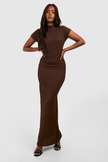 Chocolate Brown Crinkle High Neck Rouched Maxi Dress