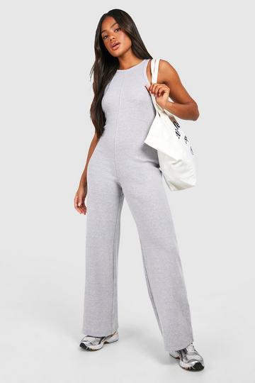 Cotton Rib Racer Neck Wide Leg Jumpsuit grey