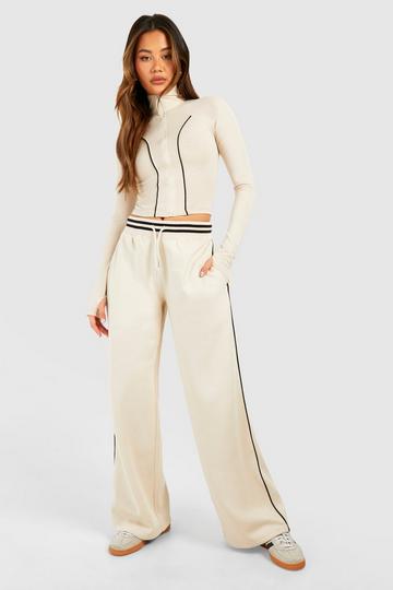 Piping Detail Zip Through Top And Straight Leg Jogger Set stone