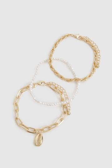 Gold Metallic Pearl & Shell Detail Multipack Bracelets