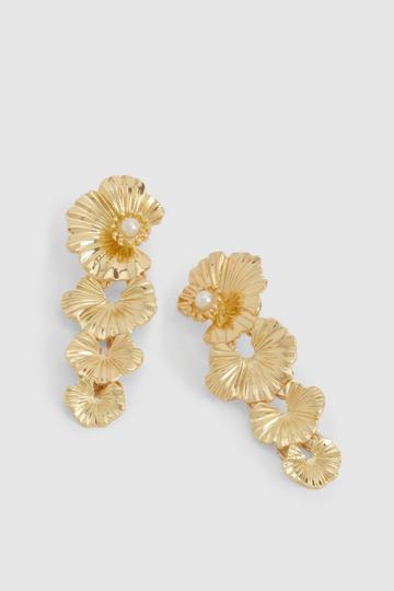 Gold Metallic Floral Pearl Detail Drop Earrings