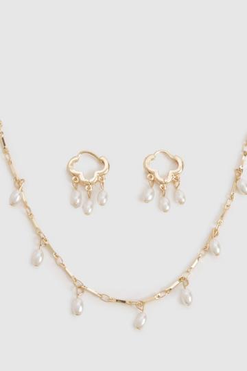Gold Metallic Pearl Detail Hoop Earrings & Necklace Multipack