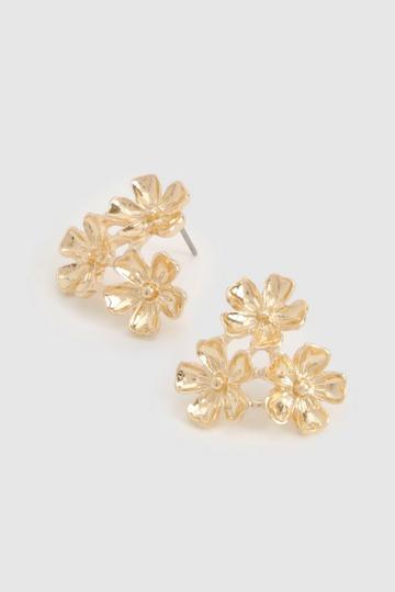 Gold Metallic Triple Flower Earrings