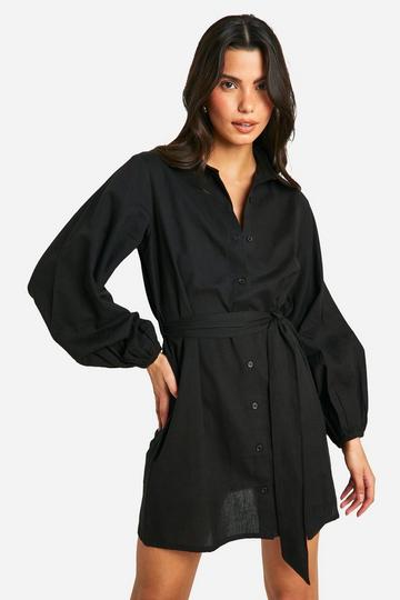 Linen Wrap Shirt Dress black