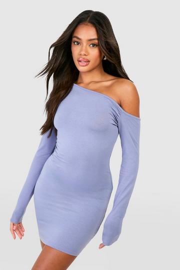 Ruched Bardot Long Sleeve Mini Dress blue