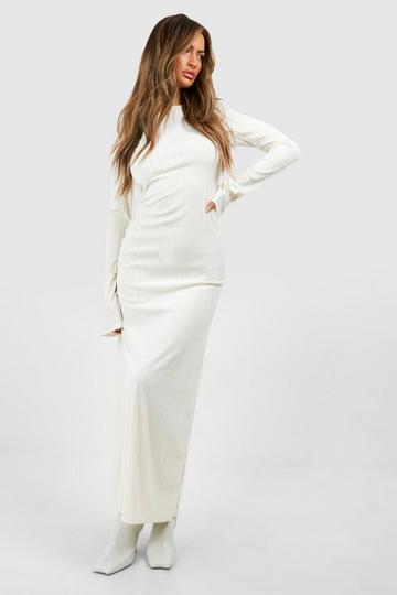 Cream White Long Sleeve Ribbed Flared Maxi Dress