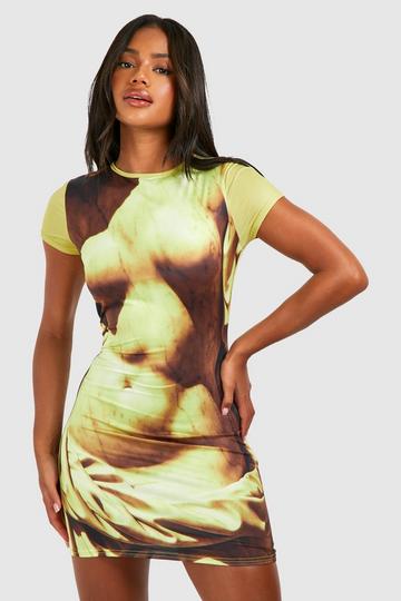 Body Print Slinky Short Sleeve Bodycon Dress chartreuse