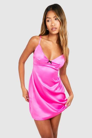 Magenta Pink Satin Mini Bow Strappy Maxi Dress