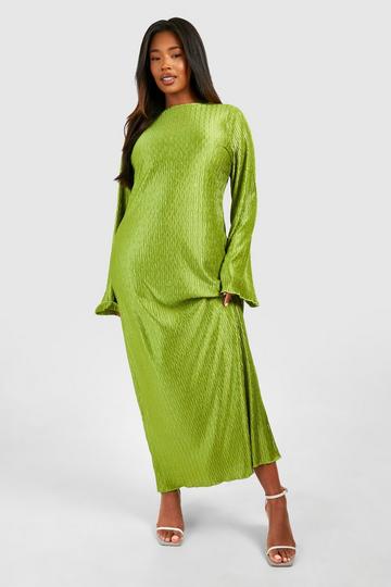 Olive Green Plus Wave Plisse Flared Sleeve Comlumn Dress