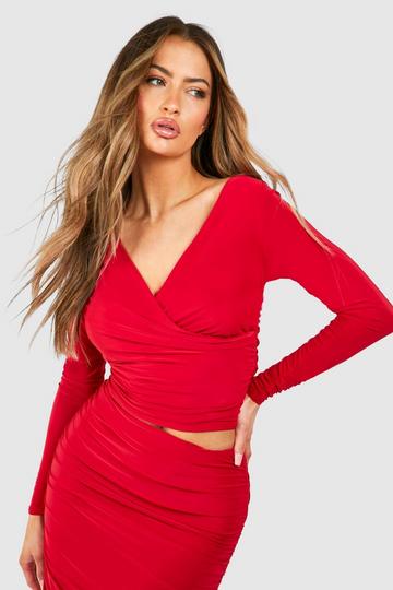 Red V Neck Ruched Slinky Long Sleeve Top