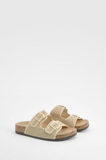 Contrast Stitch Detail Double Buckle Sliders taupe