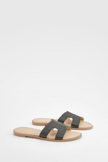 Black Double Strap Raffia Mule Sandals