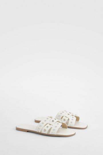 Wide Fit Studded Woven Sandals white