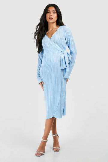 Blue Maternity Plisse Wrap Belted Midi Dress