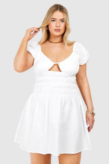 Plus Puff Sleeve Cut Out Smock Dress ivory