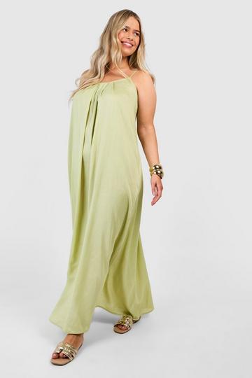 Sage Green Plus Linen Look Pleated Maxi Dress