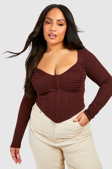Plus Ruched Detail Hook And Eye Corset Top chocolate