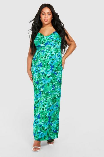 Blue Plus Floral Printed Satin Maxi Dress