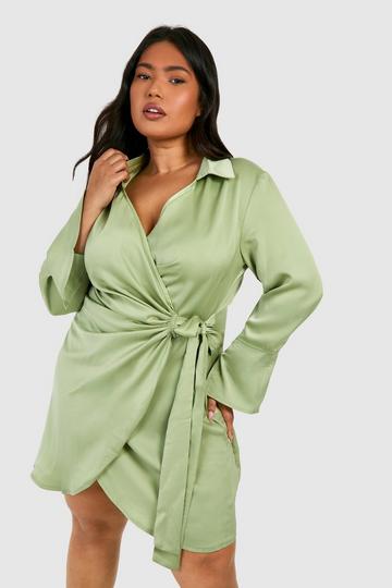Sage Green Plus Satin Wrap Shirt Dress